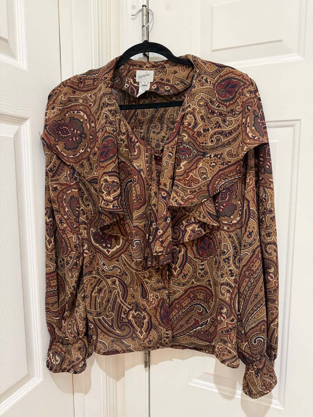 Vintage Jacqueline Ferrar Paisley Ruffle Blouse Size 10 Brown Boho Long Sleeve